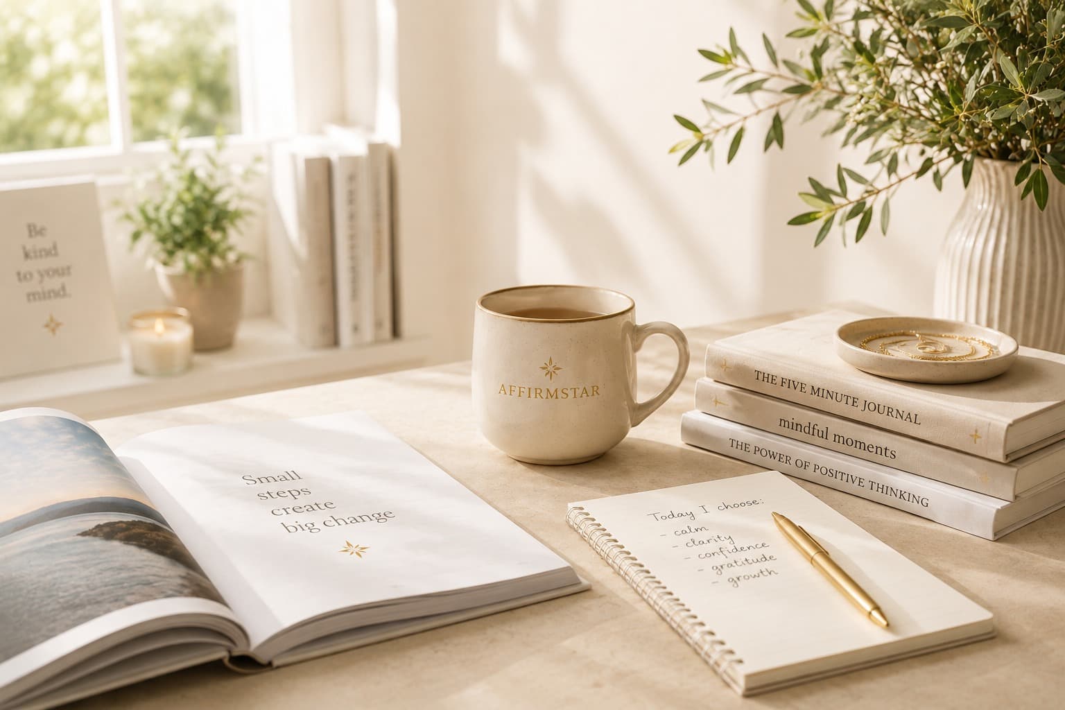 A calm, sunlit desk with an AFFIRMSTAR mug, an open journal with a gold pen, stacked books and soft greenery
