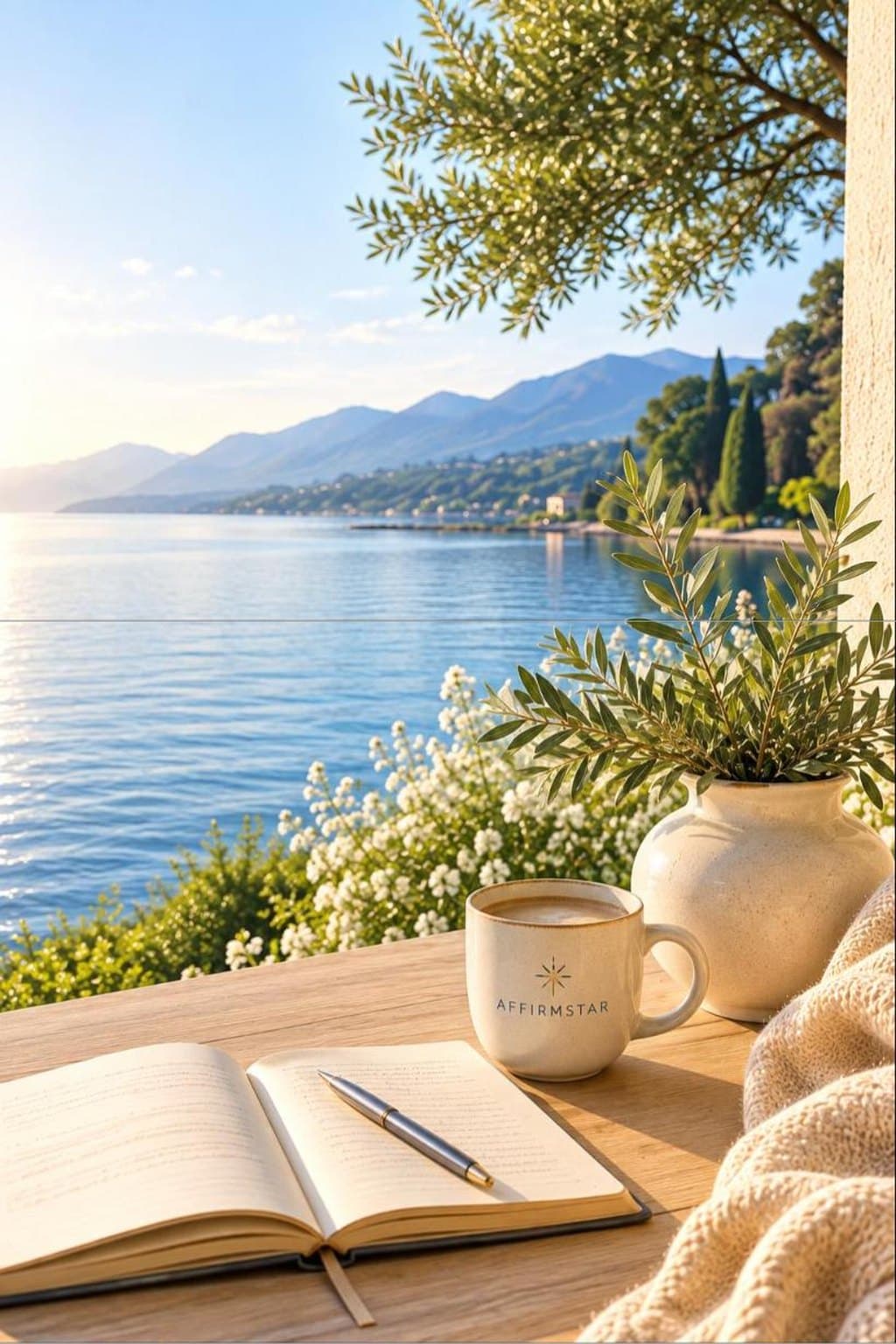 Morning light over a calm mountain lake, with a terrace table set with an open journal, a mug and a knitted blanket