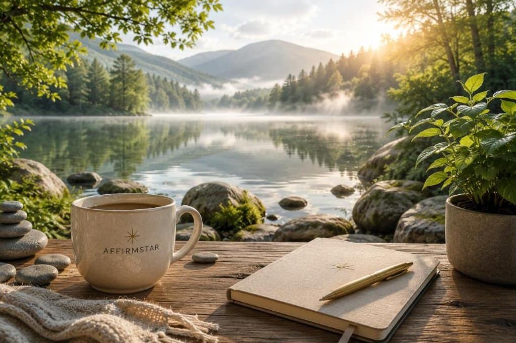 A peaceful misty lake framed by greenery and smooth stacked stones, with a closed journal and an AFFIRMSTAR mug on a rustic table