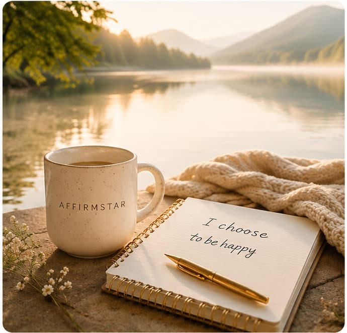 A calm lakeside morning with an AFFIRMSTAR mug and an open journal reading 'I choose to be happy'