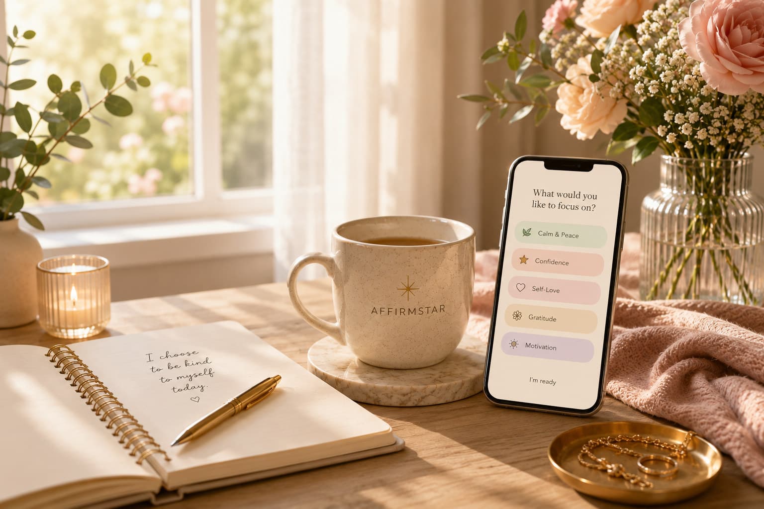 A sunlit table with an open journal, a gold pen, an AFFIRMSTAR mug, soft flowers and a phone showing a list of focus options