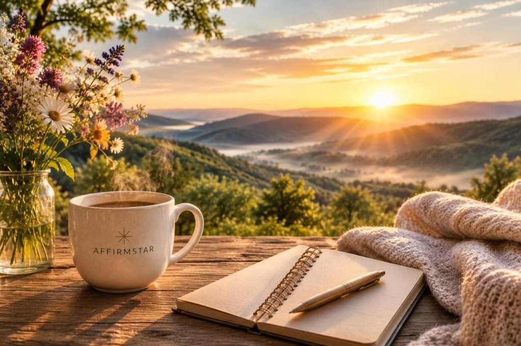 Sunrise over open rolling hills and a distant horizon, with wildflowers, an open journal and an AFFIRMSTAR mug on a wooden ledge