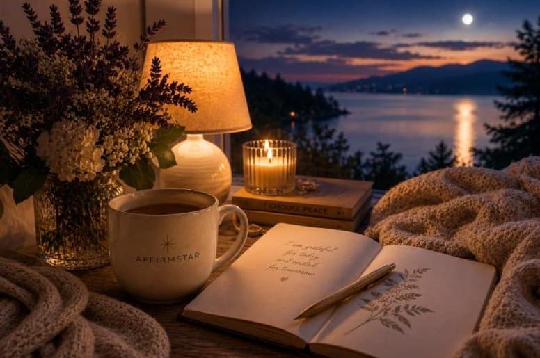 Twilight over a moonlit lake with a warm lamp and candlelight, an open journal and an AFFIRMSTAR mug