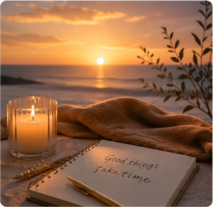 A warm sunset by the sea with a lit candle and an open journal reading 'Good things take time'