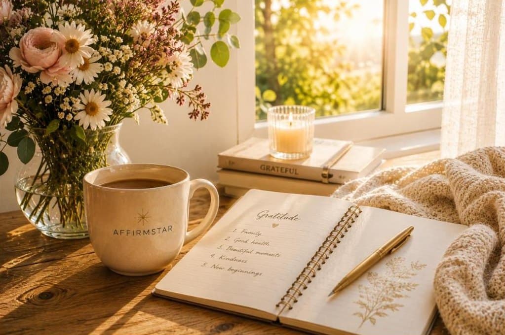 Sunlit window with flowers and a candle, beside an open gratitude journal and an AFFIRMSTAR mug