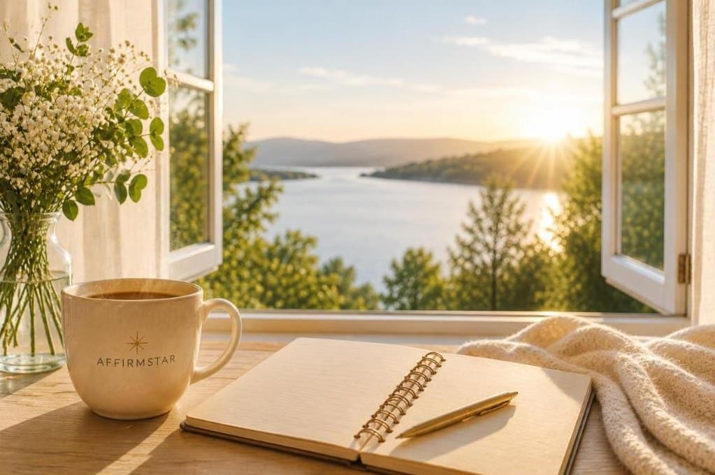 Warm morning light through an open window over a calm lake, with an open journal, a gold pen and an AFFIRMSTAR mug on a wooden table