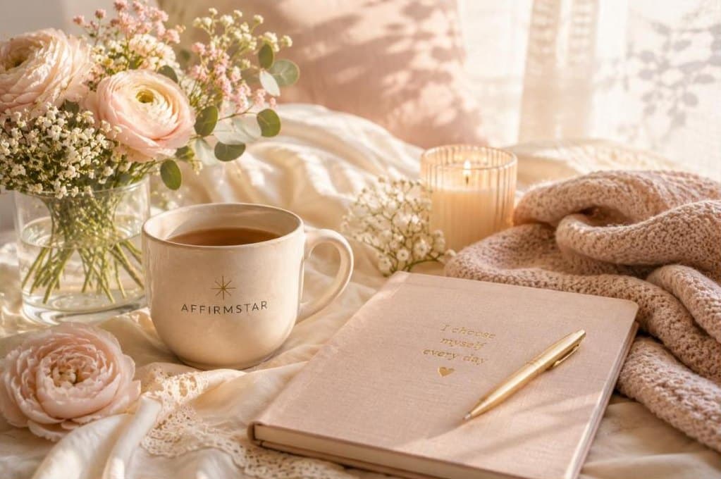 Soft blush roses, a candle and a knitted throw beside a pink journal and an AFFIRMSTAR mug in gentle daylight