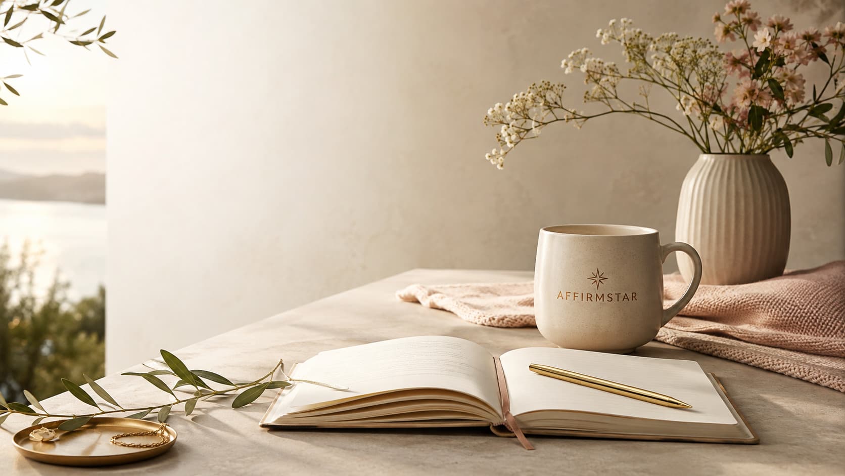 A sunlit table by an open window with an AFFIRMSTAR mug, an open journal, a gold pen and soft flowers