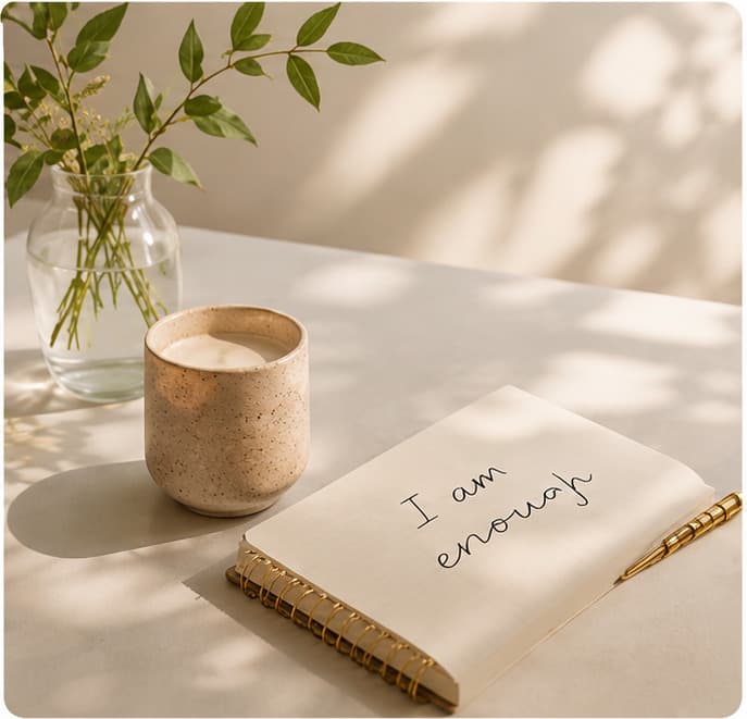A sunlit table with a mug, a small vase of greenery and an open journal reading 'I am enough'