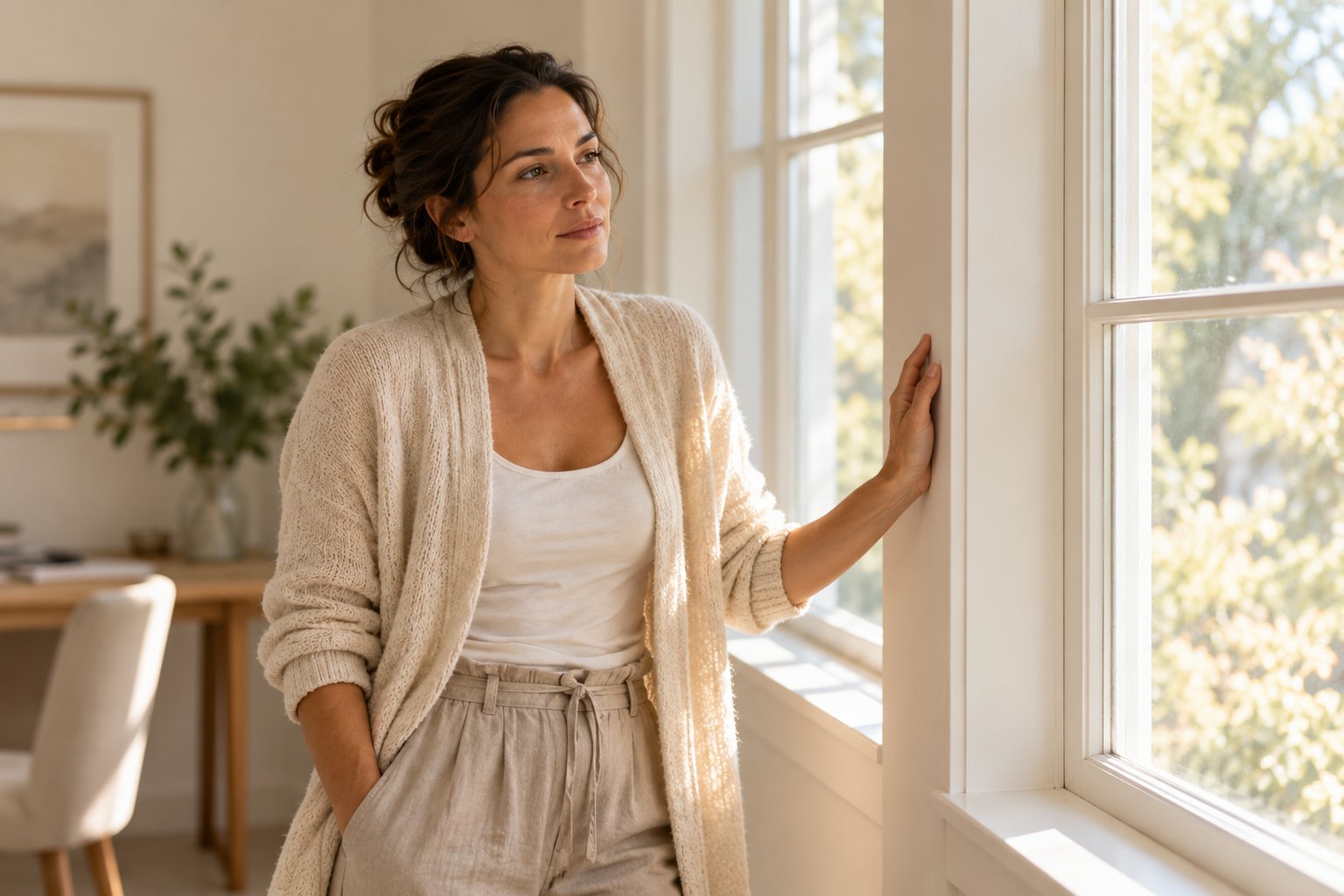 Woman pausing quietly by a bright window during the day, taking a brief moment to reset before continuing with her routine.