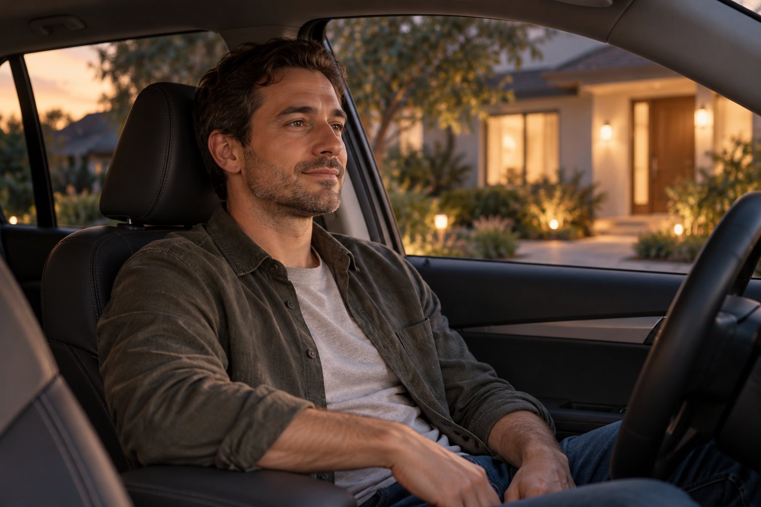 Man sitting calmly in his parked car outside his home at dusk, taking a quiet moment to unwind before going inside.